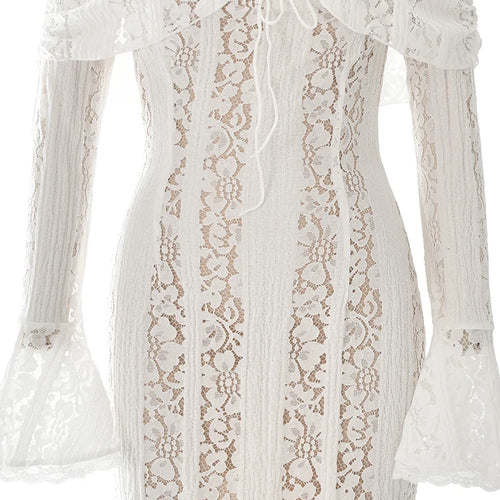 Load image into Gallery viewer, Sexy Lace Patchwork Long Sleeved Tight Mini Skirt Women Bodycon Hollow Lace Up Flared Sleeve Fashion Party Club Dress
