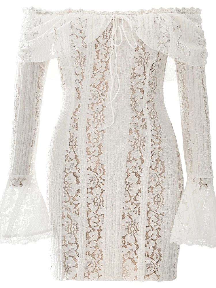 Sexy Lace Patchwork Long Sleeved Tight Mini Skirt Women Bodycon Hollow Lace Up Flared Sleeve Fashion Party Club Dress