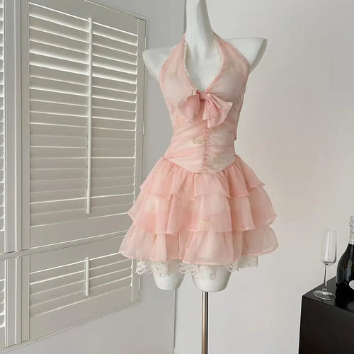 Load image into Gallery viewer, Summer French Pink Patchwork Lace Backless Halter Bandage Short Dres Women Vintage Elegant Sexy Club Sleeveless Party Cake Dress
