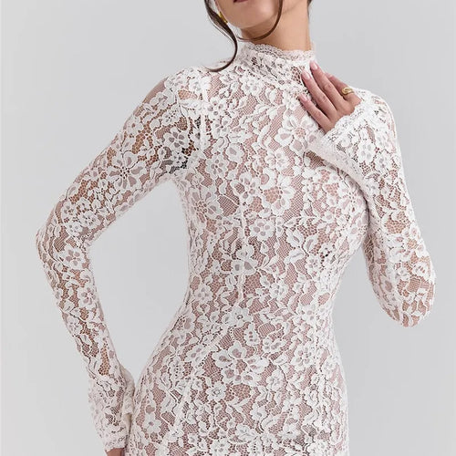 Load image into Gallery viewer, Lace Long Sleeve Sexy Midi Dress For Women Elegant White Half High Collar High Waist Bodycon Club Party Sexy Long Dress

