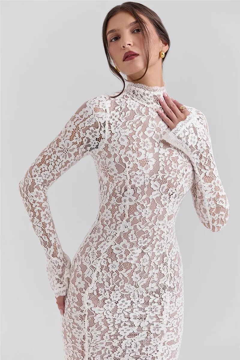 Lace Long Sleeve Sexy Midi Dress For Women Elegant White Half High Collar High Waist Bodycon Club Party Sexy Long Dress