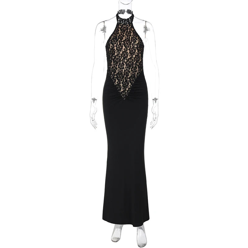 Lace Halter Backless Sexy Maxi Dress For Women Black Off-shoulder Strapless Sleeveless Bodycon Club Party Long Dress