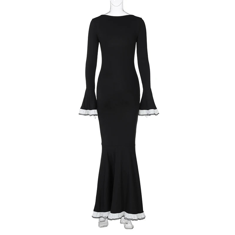 Flare Sleeve Sexy Bodycon Elegant Long Sleeve Maxi Dress Women High Waist Square Collar Evening Dress Female Clothes
