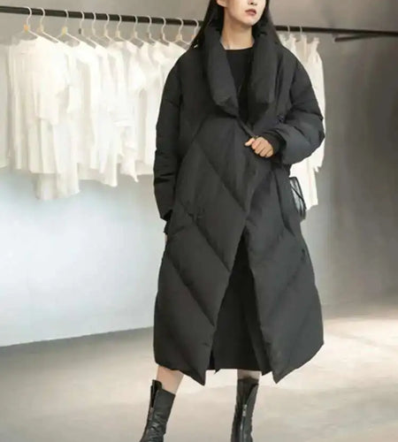 Loose Fit Black Long Down Jacket New Stand Collar Long Sleeve Warm Women Parkas Fashion Tide Autumn Winter 2025 1DD1640