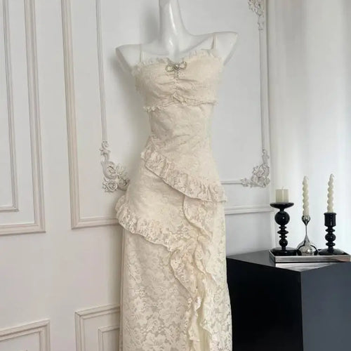 Load image into Gallery viewer, Summer 2024 French Vintage Beige Lace Sleeveless Elegant Spaghetti Strap Long Dress Women Backless Ruffles Party Evening Dresses
