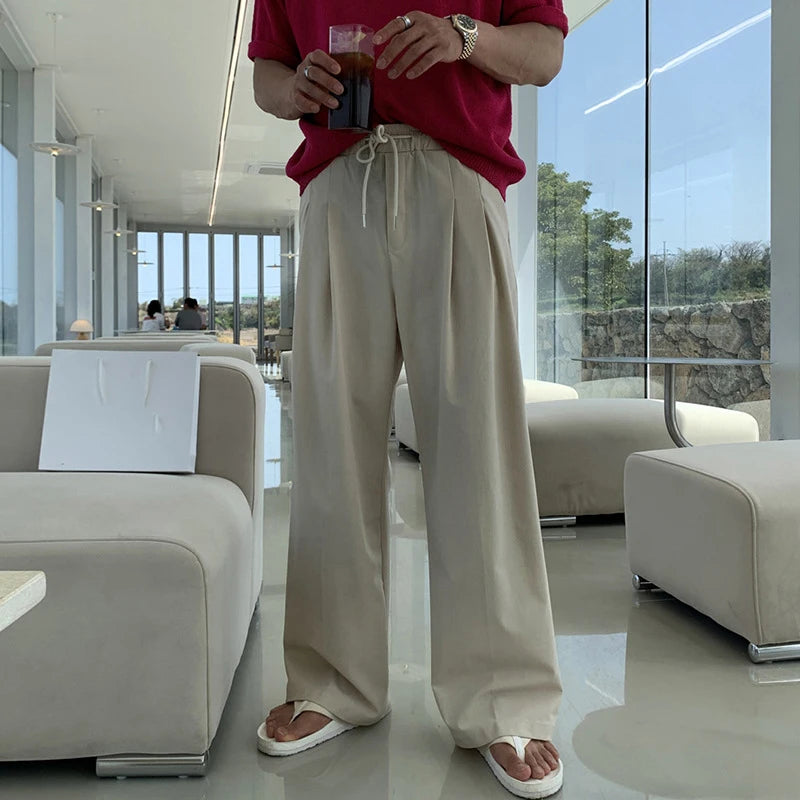 Men's Korean Style Casual Pants Loose Drawstring Design Straight Wide Leg Elastic Waist Male Clothing New Summer 9W1851
