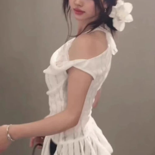 Load image into Gallery viewer, Y2k Aesthetic Lace Patchwork Slim Tshirts Women Harajuku Skew Collar Halter T-shirt 2025 Streetwear Irregular Ruffled Tees Femme
