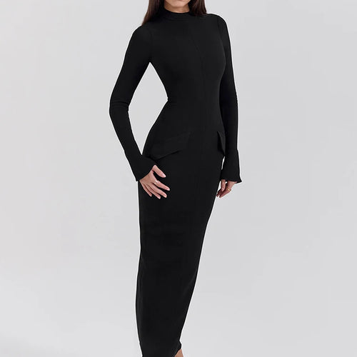 Load image into Gallery viewer, Black Long Sleeve Sexy Maxi Dress For Women Autumn Winter New O Neck Two Pocket Back Split Bodycon Long Dress Elegant
