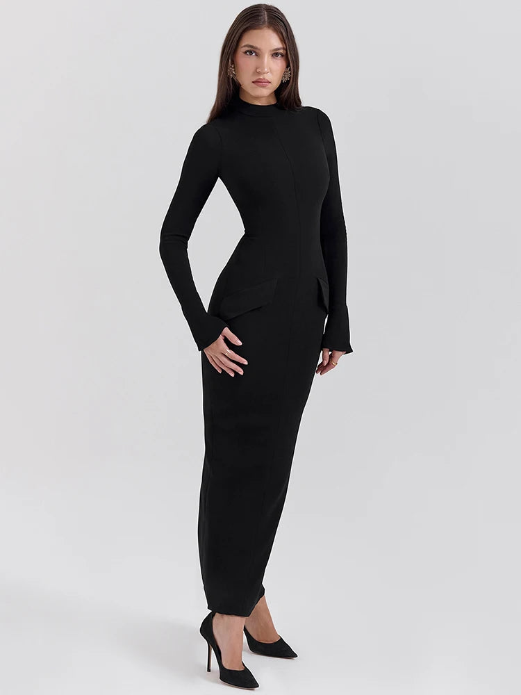 Black Long Sleeve Sexy Maxi Dress For Women Autumn Winter New O Neck Two Pocket Back Split Bodycon Long Dress Elegant