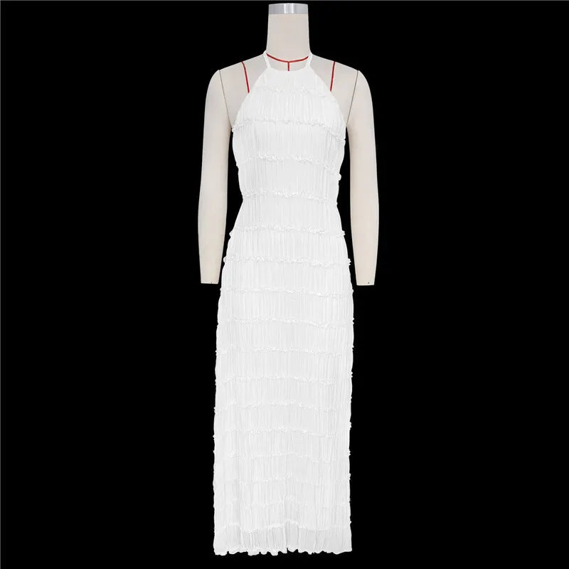 Halter Backless Sexy Maxi Dress For Women Spring Summer New Lace-up Sleeveless Pleated Beach Holiday Long Dress Elegant