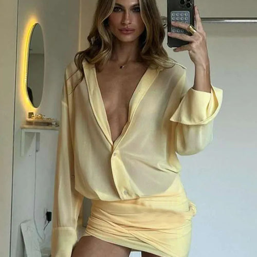 Load image into Gallery viewer, Sexy Long Sleeve Turn-down Colla Bag Hip Strap Shirt Dress For Women See Through Patchwork High Waist Dress Streetwear
