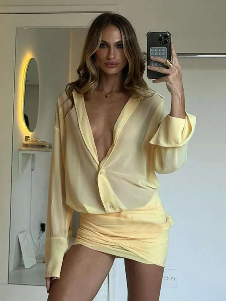 Sexy Long Sleeve Turn-down Colla Bag Hip Strap Shirt Dress For Women See Through Patchwork High Waist Dress Streetwear