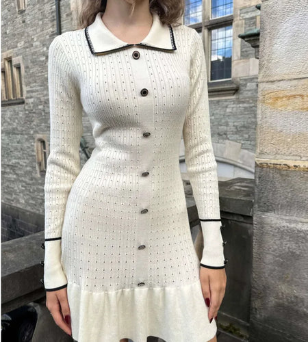 Elegant Knitted Sweater Button Elastic Slim Women Dress Lotus Leaf Edge Bodycon Long Sleeve Fall New 2024 Female Vestido