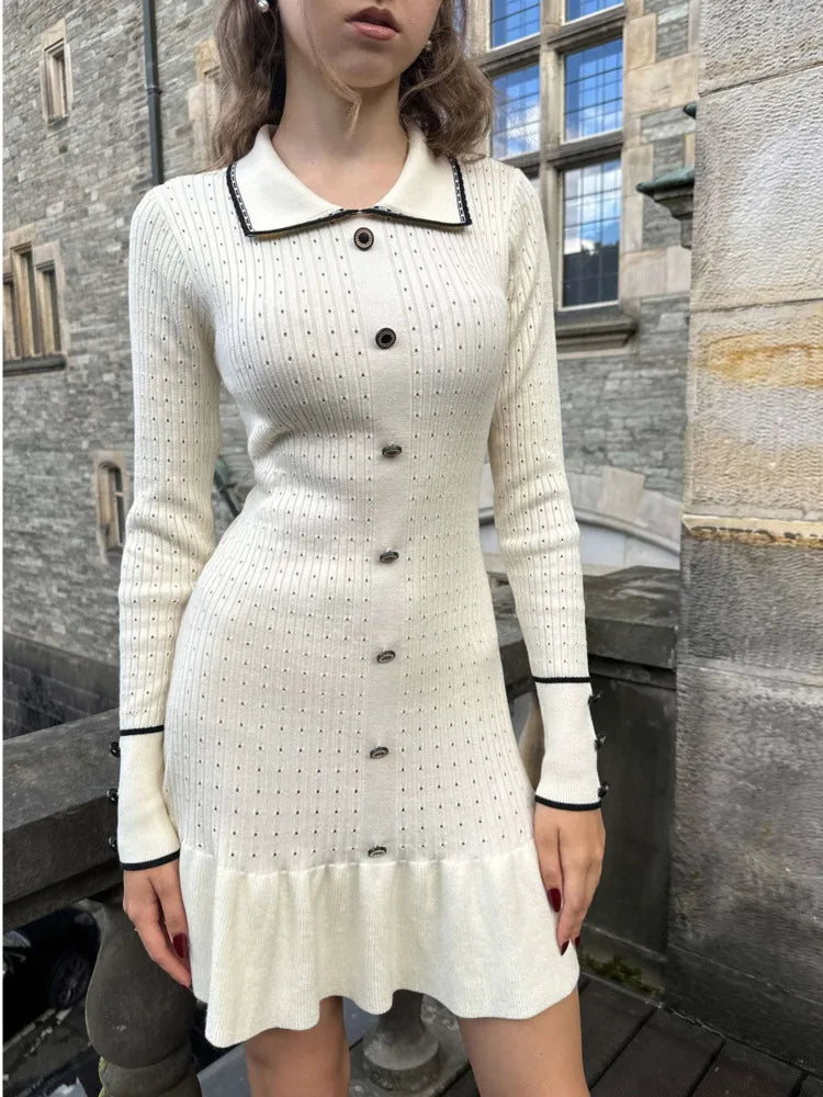 Elegant Knitted Sweater Button Elastic Slim Women Dress Lotus Leaf Edge Bodycon Long Sleeve Fall New 2024 Female Vestido