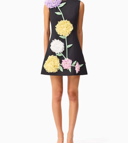 Hit Color Spliced 3D Flower Fashion Mini Dresses for Women Round Neck Sleeveless Elegant Dress Female Clothing New