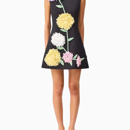 Load image into Gallery viewer, Hit Color Spliced 3D Flower Fashion Mini Dresses for Women Round Neck Sleeveless Elegant Dress Female Clothing New
