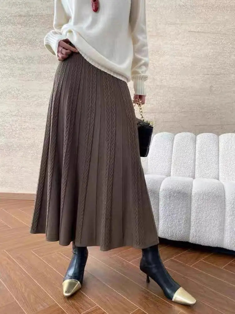 Korean Style Woman Solid New Elegant High Waist Knitted Skirt Autumn Winter Vintage Casual Simple Versatile Festival Party Skirt