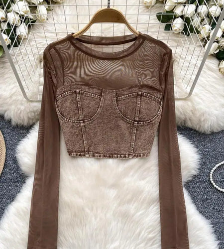 Retro Women Denim Patchwork Mesh Long Sleeved Short Top Autumn Korean Fashion Versatile Elegant Round Neck T Shirt Trend Popular