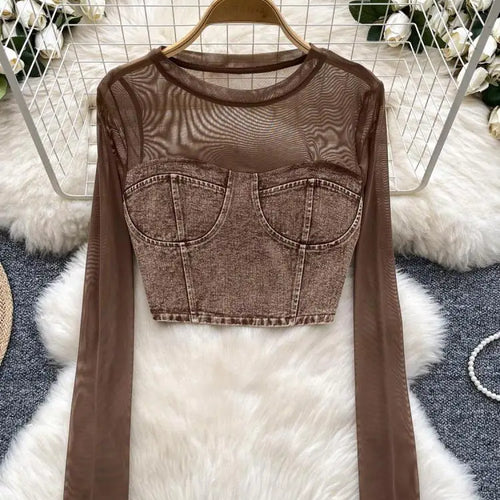 Load image into Gallery viewer, Retro Women Denim Patchwork Mesh Long Sleeved Short Top Autumn Korean Fashion Versatile Elegant Round Neck T Shirt Trend Popular
