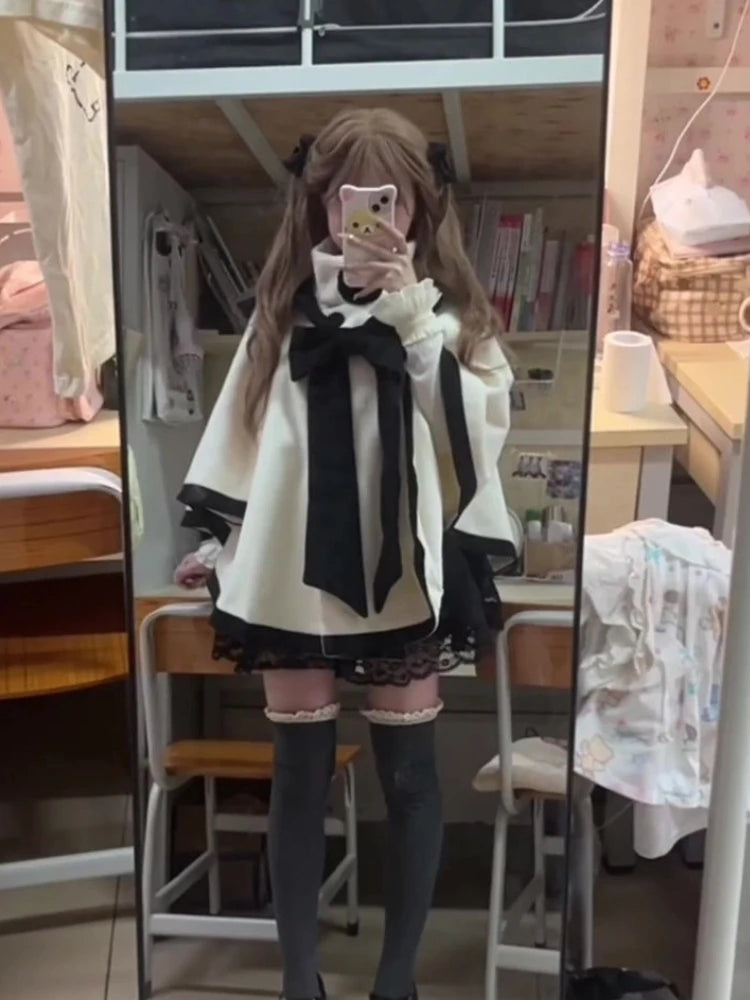 Japanese Cute Bow Lolita Cloak Coats Sweet Kawaii Fashion Y2k Aesthetic Capes High Collar Loose Casual Women Tops Streetwear