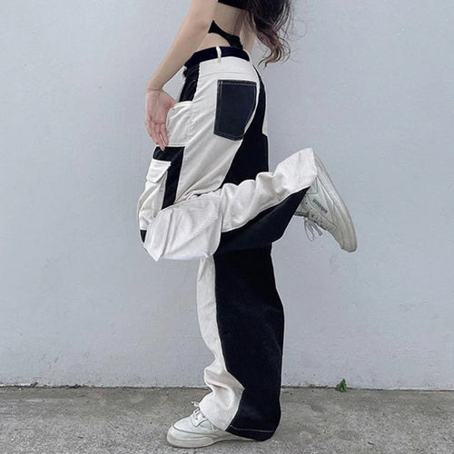 Load image into Gallery viewer, Streetwear Patchwork Straight Leg Corduroy Pants Female Basic Pockets Baggy Trousers Contrast Color Sweatpants Bottom
