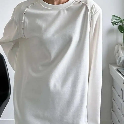 Load image into Gallery viewer, Women White Shouder Padded Big Size T-shirt New Round Neck Long Sleeve  Loose Fit Tees Fashion Spring Autumn 2025 1DH2633
