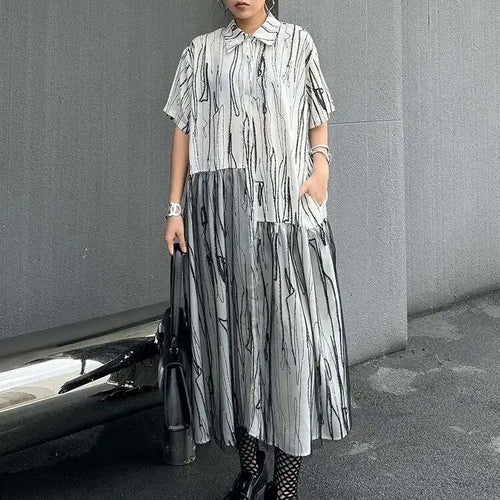Load image into Gallery viewer, Women Black White Tie Dye Mesh Big Size Midi Shirt Dress New Lapel Short Sleeve Fashion Tide Spring Summer 2025 1DH5962
