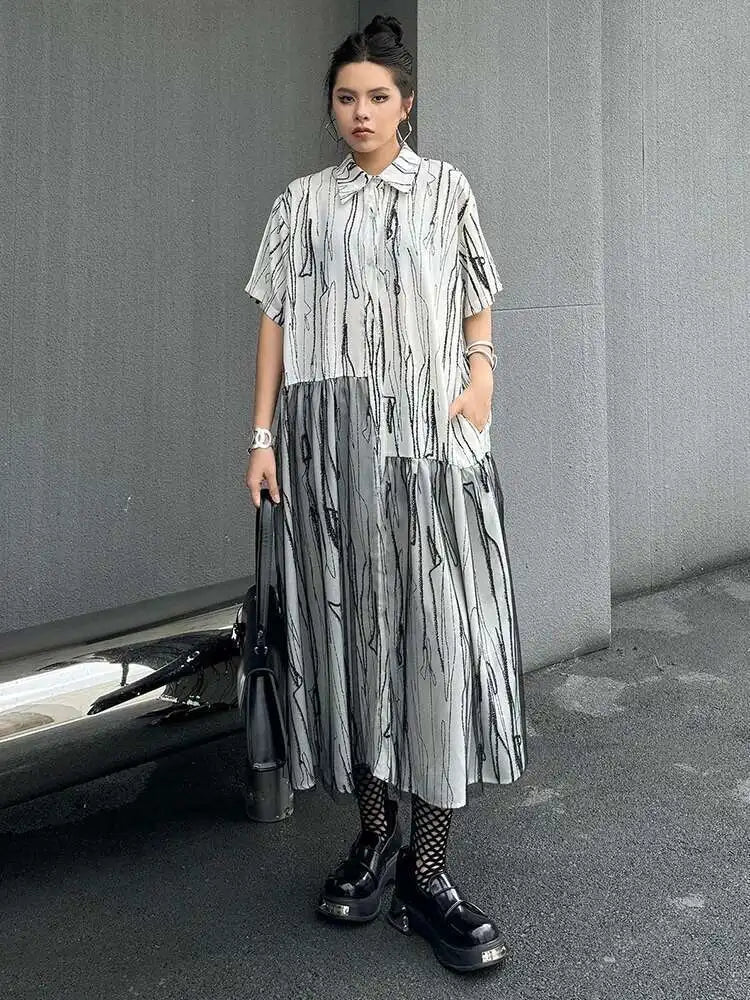 Women Black White Tie Dye Mesh Big Size Midi Shirt Dress New Lapel Short Sleeve Fashion Tide Spring Summer 2025 1DH5962