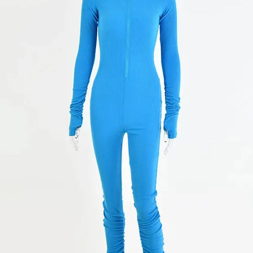 Load image into Gallery viewer, Turtleneck Zipper Skinny Jumpsuit Women Long Sleeve One Piece Neon Orange Bodysuit Female Running Fitness Outfits
