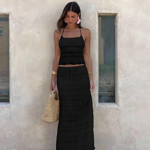 Load image into Gallery viewer, Chiffon Lace Sexy Skirt Two Piece Sets Women Halter Crop Tops And Maxi Skirt Ladies Fashion Woman Long Dress Set
