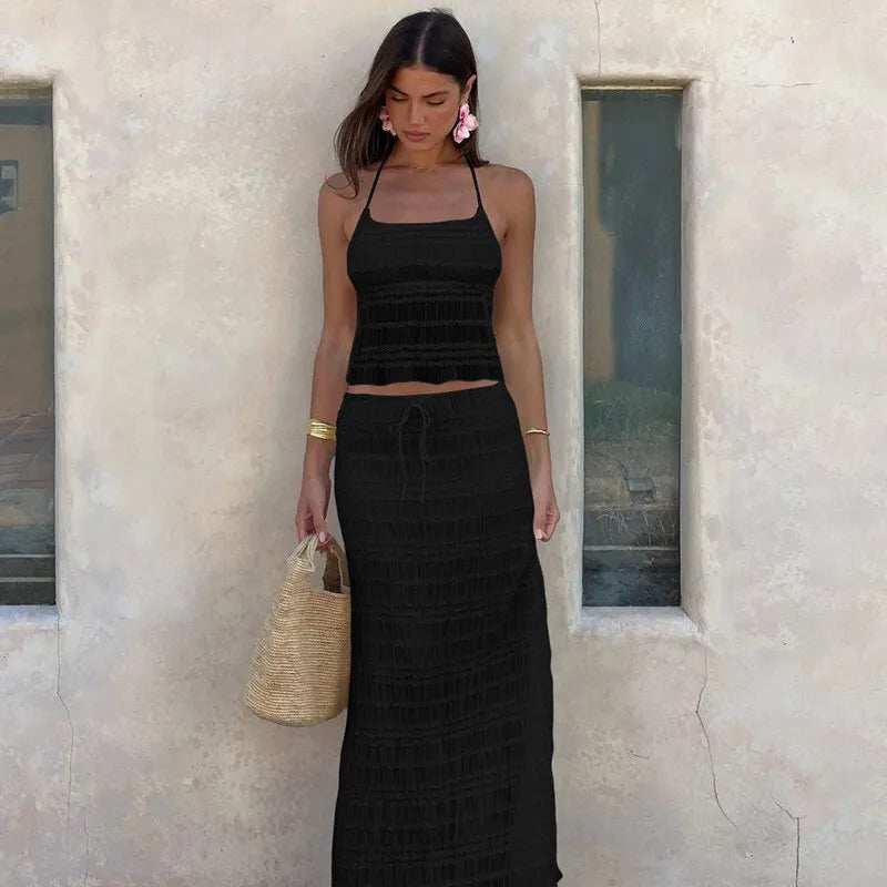 Chiffon Lace Sexy Skirt Two Piece Sets Women Halter Crop Tops And Maxi Skirt Ladies Fashion Woman Long Dress Set