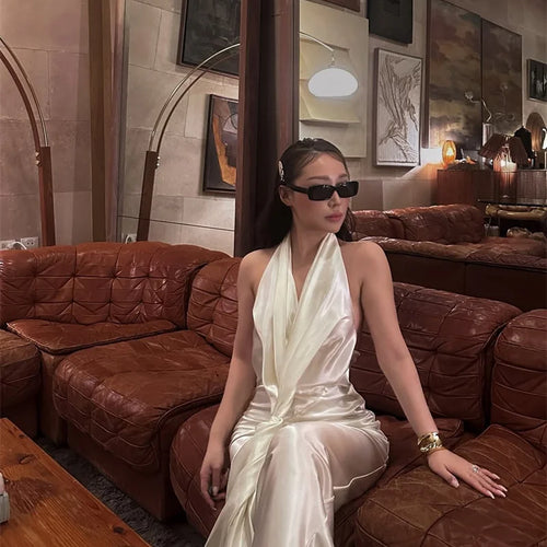 Load image into Gallery viewer, Satin Deep V Neck Backless Sexy Maxi Dress Women Elegant Halter Sleeveless Lace-up High Waist Draped Ruched Long Dress
