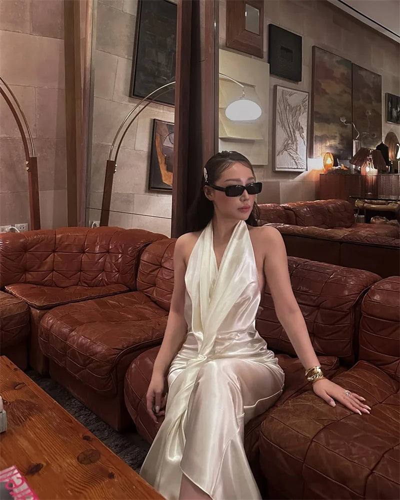 Satin Deep V Neck Backless Sexy Maxi Dress Women Elegant Halter Sleeveless Lace-up High Waist Draped Ruched Long Dress