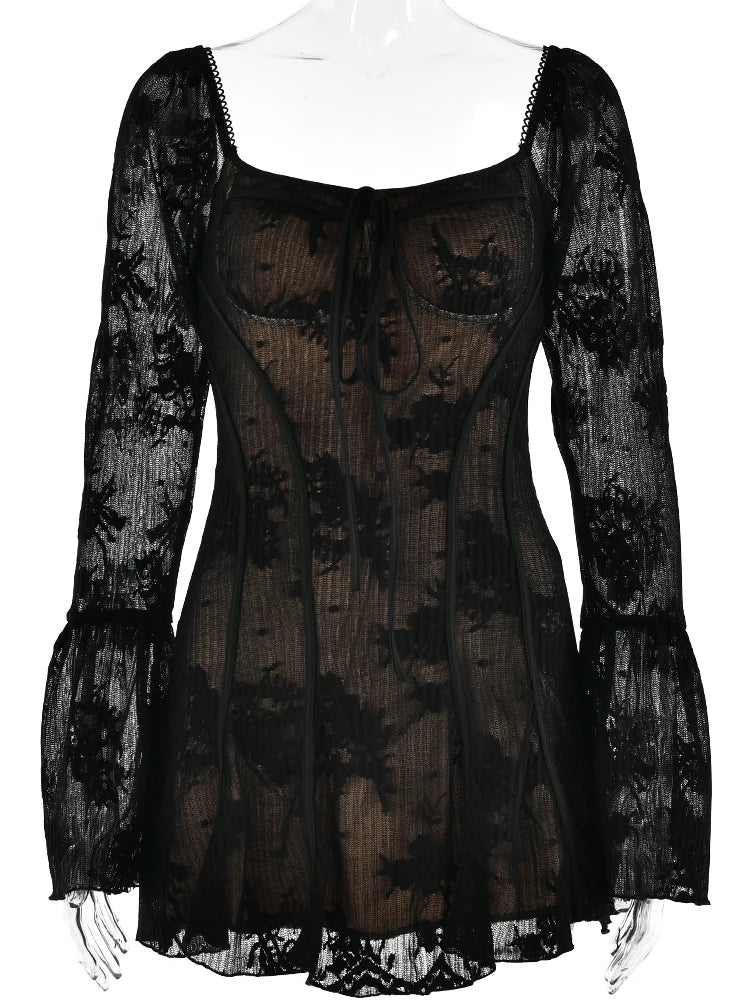 Temperament Christmas Red Long Sleeved Dress Women Lace Patchwork Ruffled Edge Mini Dress Female Bodycon Party Evening