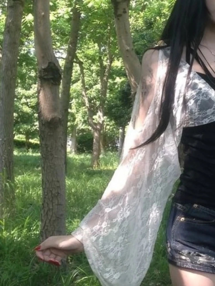 Summer Fake Two Pieces Lace Patchwork Women T-shirt Harajuku Off Shoulder Slim Fit Tops Y2k Aesthetic Grunge Ruffle Sleeve Tees