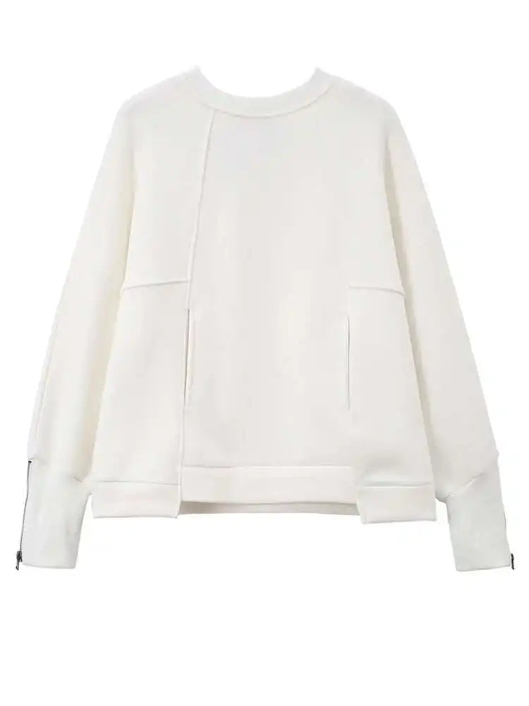 Loose Fit White Cuff Zipper Sweatshirt New Round Neck Long Sleeve Women Big Size Fashion Spring Autumn 2025 1DD5133