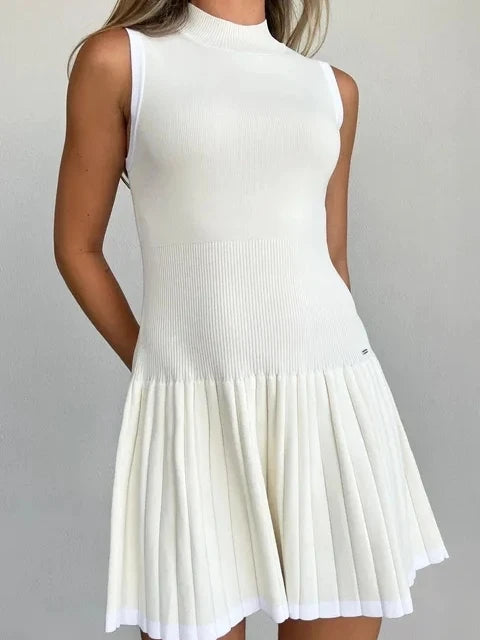 Elegant Sleeveless Knitted Sweater Dress Women Elastic Slim Short Skirt Pleated Female Summer 2024 New Vacation Vestidos