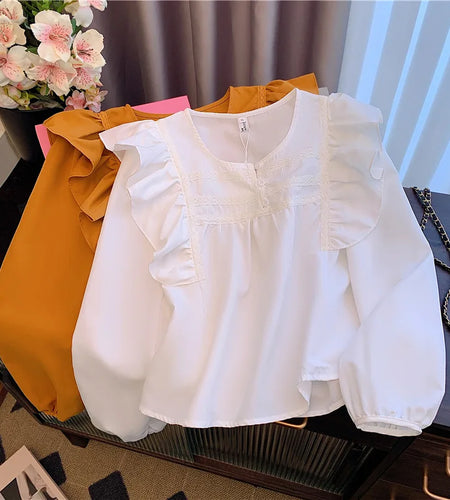 Vintage French White Elegant Loose Button Party Shirt Sweet Long Sleeves Ruffles O Neck Tops Women Orange Office Lady Blouse New