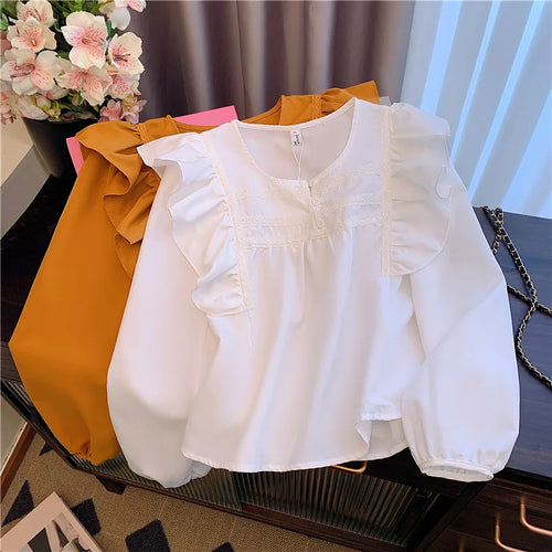 Load image into Gallery viewer, Vintage French White Elegant Loose Button Party Shirt Sweet Long Sleeves Ruffles O Neck Tops Women Orange Office Lady Blouse New
