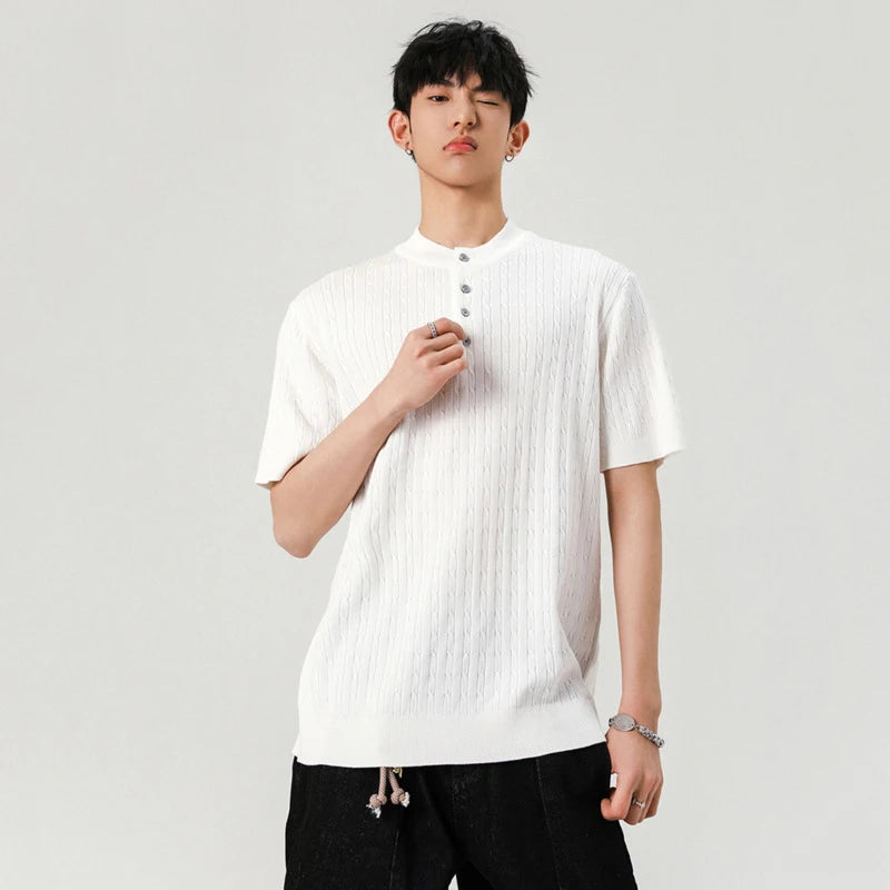 Men's T-shirts Short Sleeve Button Design New Korean Style Solid Color Round Neck Trendy Simple Male Tees 9W1938