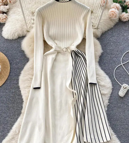 Autumn Fashion New Knitted Straight Patchwork Party Long Dress Korean Women's Half High Neck Elegant Casual Sweater Warm Dresses