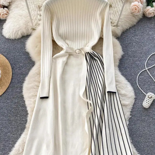 Load image into Gallery viewer, Autumn Fashion New Knitted Straight Patchwork Party Long Dress Korean Women's Half High Neck Elegant Casual Sweater Warm Dresses
