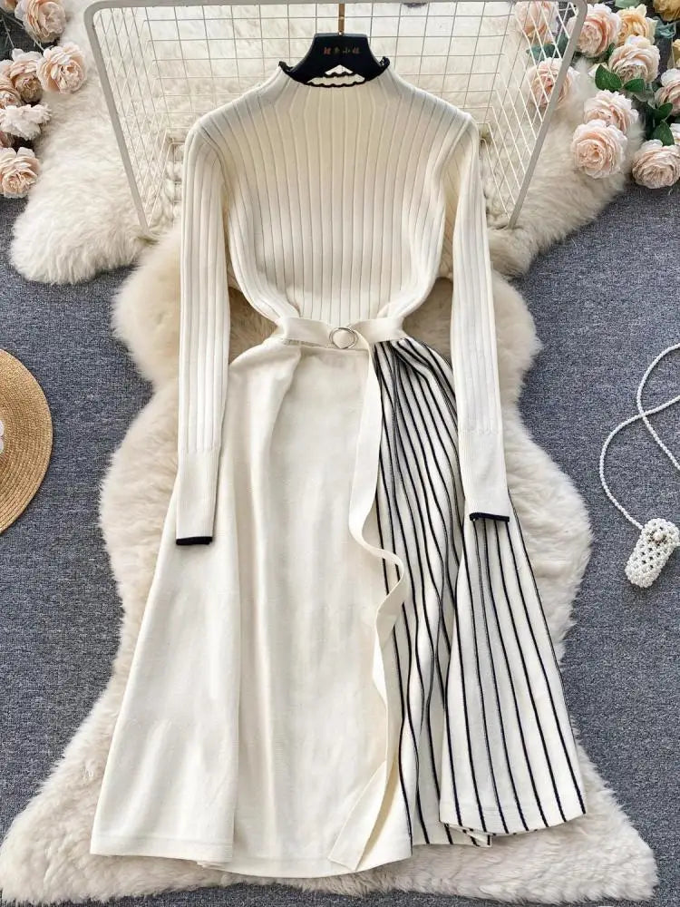 Autumn Fashion New Knitted Straight Patchwork Party Long Dress Korean Women's Half High Neck Elegant Casual Sweater Warm Dresses