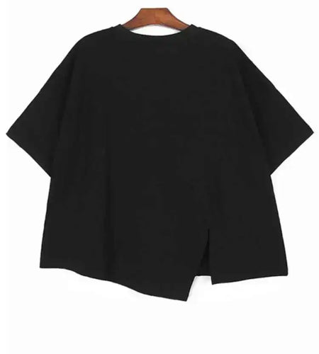 Women Black Printed Irregular Hem Big Size Casual T-shirt New Round Neck Short Sleeve Fashion Spring Summer  2025 1DH4942