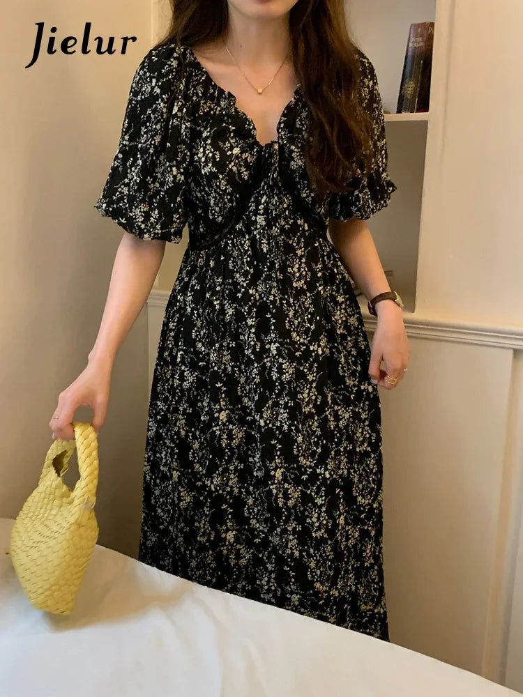 Lace V-neck Butterfly Sleeve Printed Women's Dresses Lace-up Slim Waist Chiffon Casual Streetwear Outfits Elegant Dress