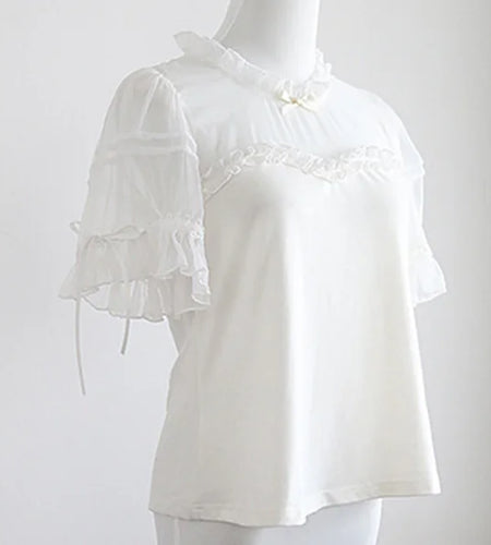 White Woman Tshirts Lolita Style Patchwork Gauze Summer Tees 2025 Ropa Mujer Sweet Camisetas O-neck Ruffles Chic T Shirt Tops