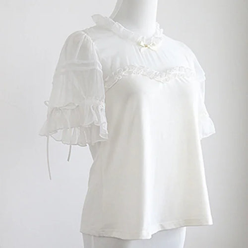 Load image into Gallery viewer, White Woman Tshirts Lolita Style Patchwork Gauze Summer Tees 2025 Ropa Mujer Sweet Camisetas O-neck Ruffles Chic T Shirt Tops
