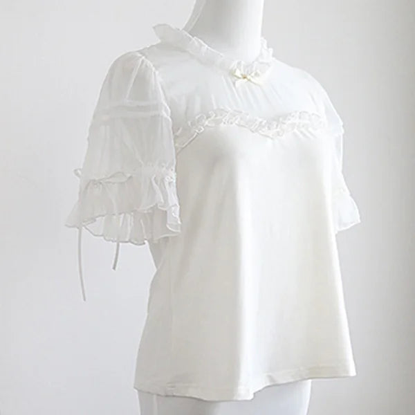 White Woman Tshirts Lolita Style Patchwork Gauze Summer Tees 2025 Ropa Mujer Sweet Camisetas O-neck Ruffles Chic T Shirt Tops