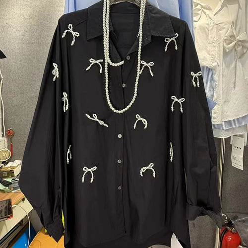 Load image into Gallery viewer, Solid Spliced Pearl Loose Blouses For Women Lapel Long Sleeve Loose Casual Shirts Female Fashion Style Clothes New
