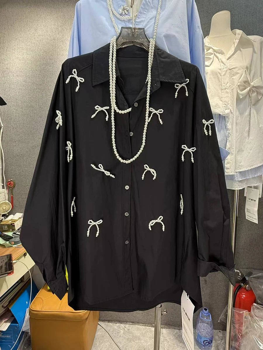 Solid Spliced Pearl Loose Blouses For Women Lapel Long Sleeve Loose Casual Shirts Female Fashion Style Clothes New